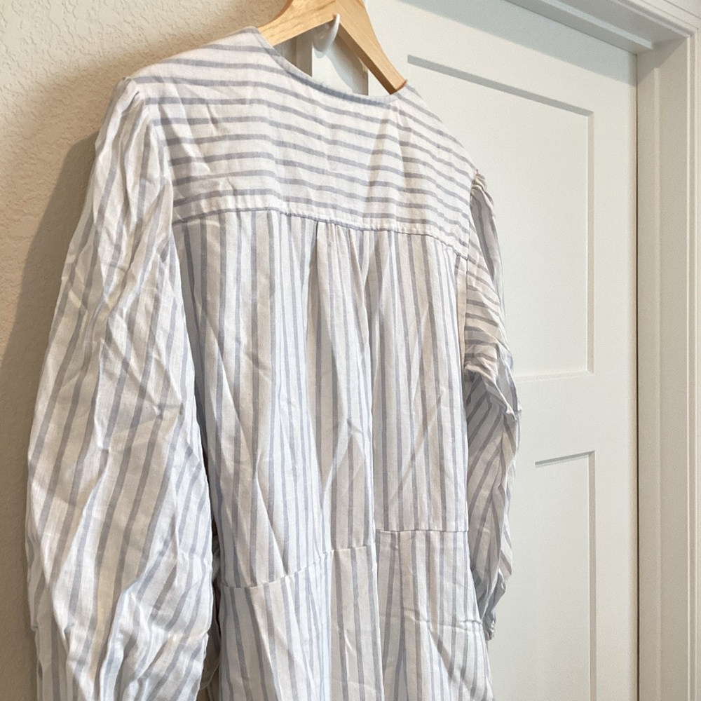 Anthropologie Maeve Tiered Linen Asymmetrical Wrap Dress NEW Large Grey Stripe - Picture 12 of 15
